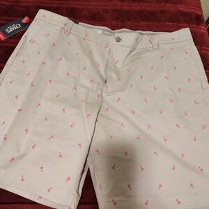 Chaps Men's Light Tan Shorts with Pink Flamingo Pattern